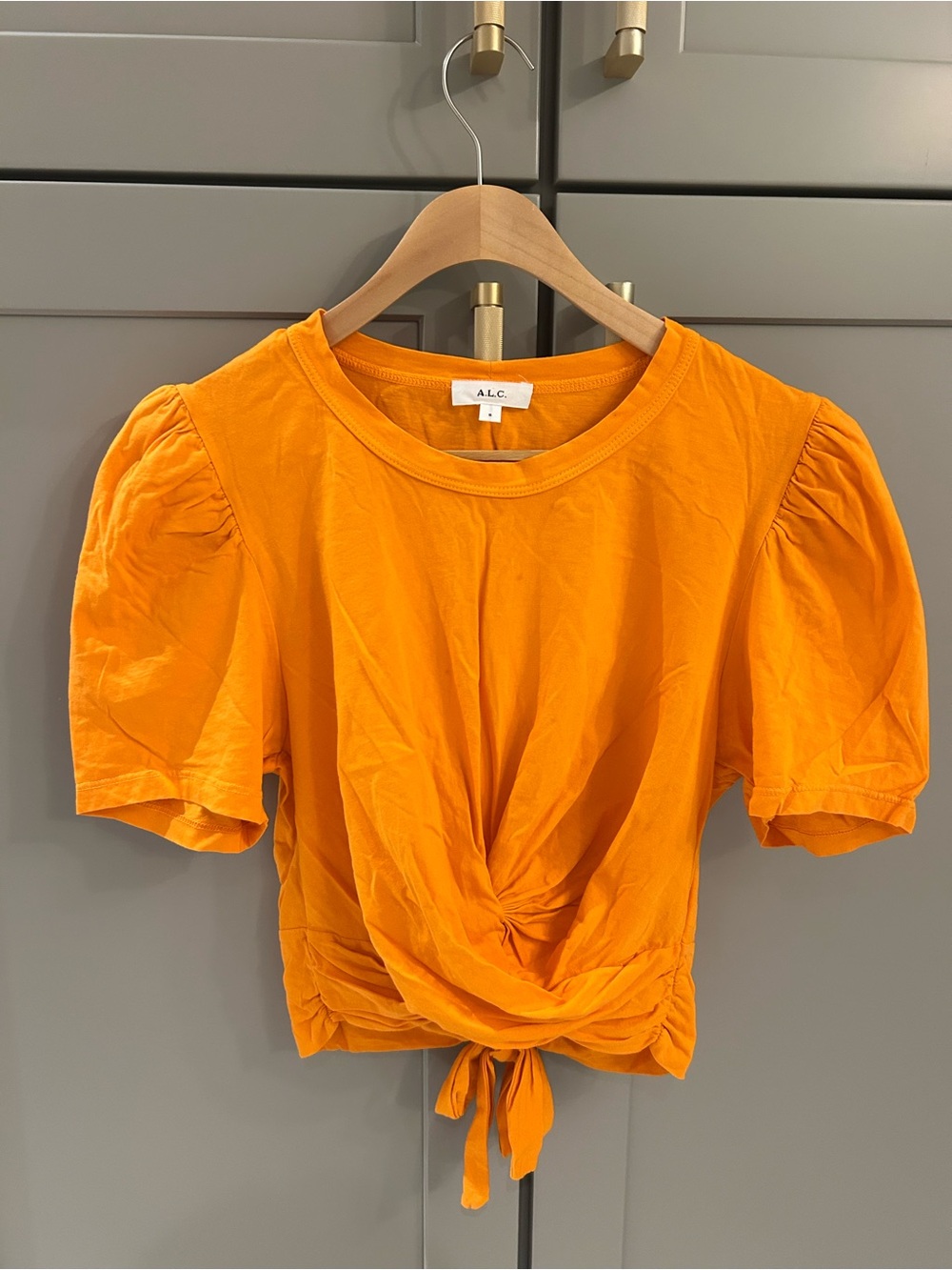 🧡 A.L.C. Orange Twist-Front Puff Sleeve Crop Top 100% Cotton Knit